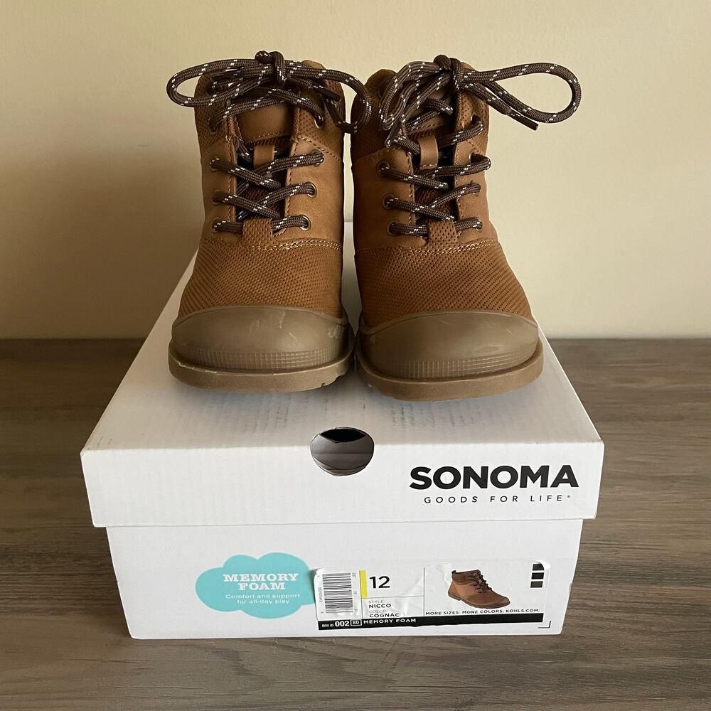 Sonoma Nicco Toddler Boys Boots Size 12 Cognac Brown Memory Foam Ankle Boots Box